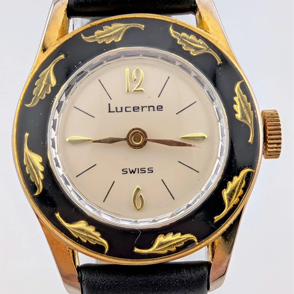Vintage Lucerne Swiss Manual Wind Black Gold Leaf Dial Women's Watch 1960s 70s